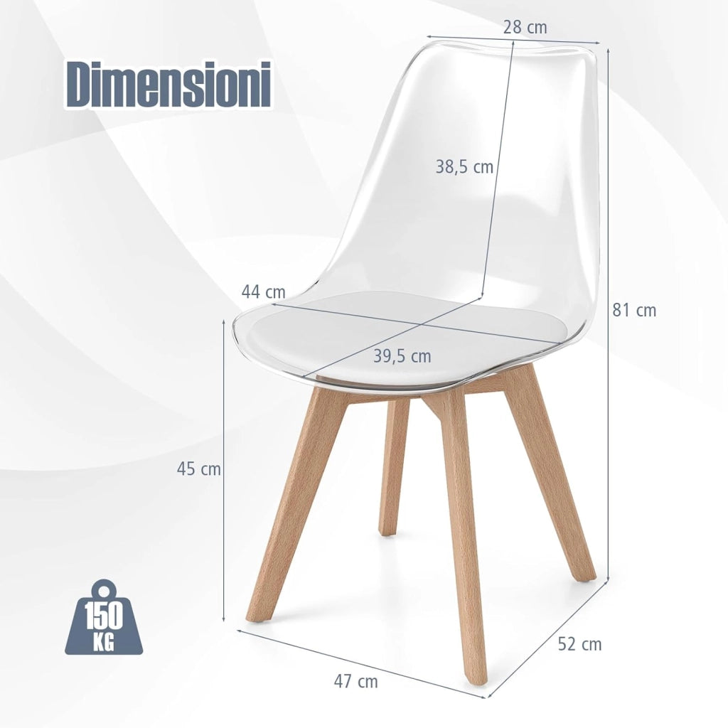 Set di 4 Sedie da Cucina Trasparenti, Sedie per Sala da Pranzo Moderne con Gambe in Legno e Seduta Imbottita, Sgabello senza Braccioli per Soggiorno e Camera da Letto, Portata 150 kg (Bianco)