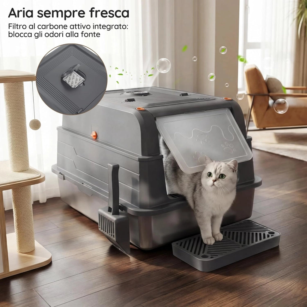 Lettiera Per Gatti In Acciaio Inox, Lettiera Gatto Acciaio Inox XXXL Smontabile Chiusa, Antifuga Liquidi, Vassoio Antiaderente, Facile Pulizia, Con Deodorante E Paletta. Per Gatti Fino A 20 Kg