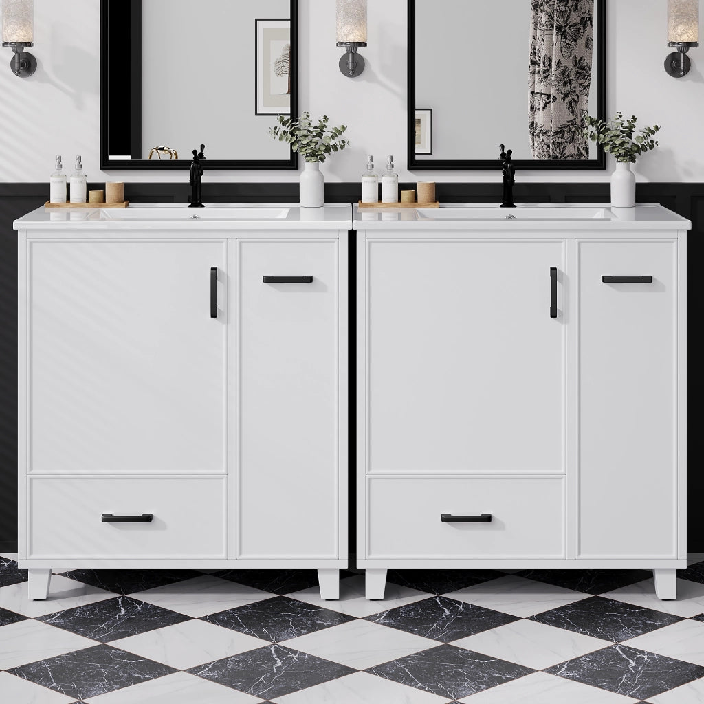 Mobile sottolavabo con 1 anta e 2 cassetti; lavabo in ceramica - per bagno - bianco