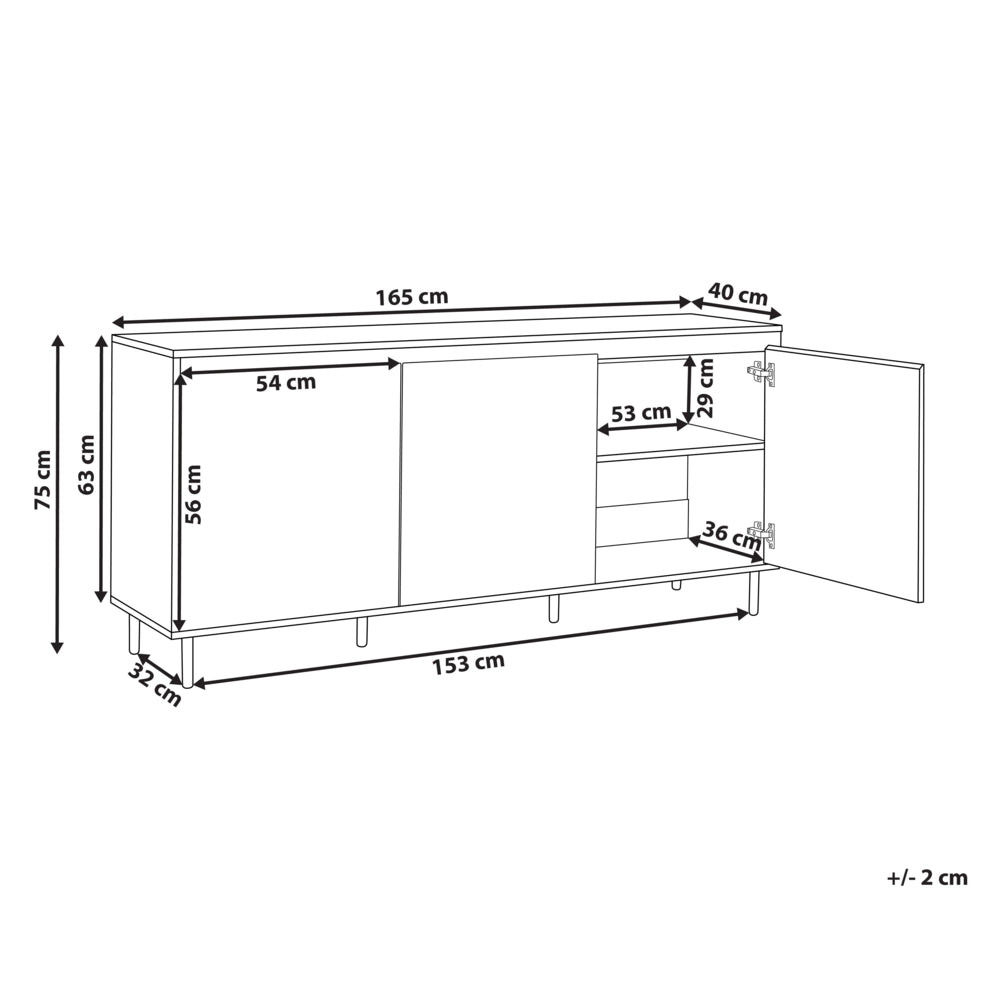 Credenza a 3 ante in legno chiaro con gambe in metallo nero Armadietto indipendente con ripiani Unità di stoccaggio per la casa Credenza minimalista