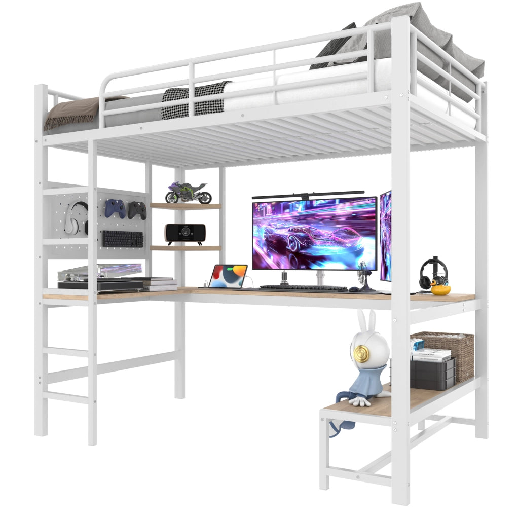 Letto a soppalco 90x200 cm con scrivania, LED e prese USB-C
