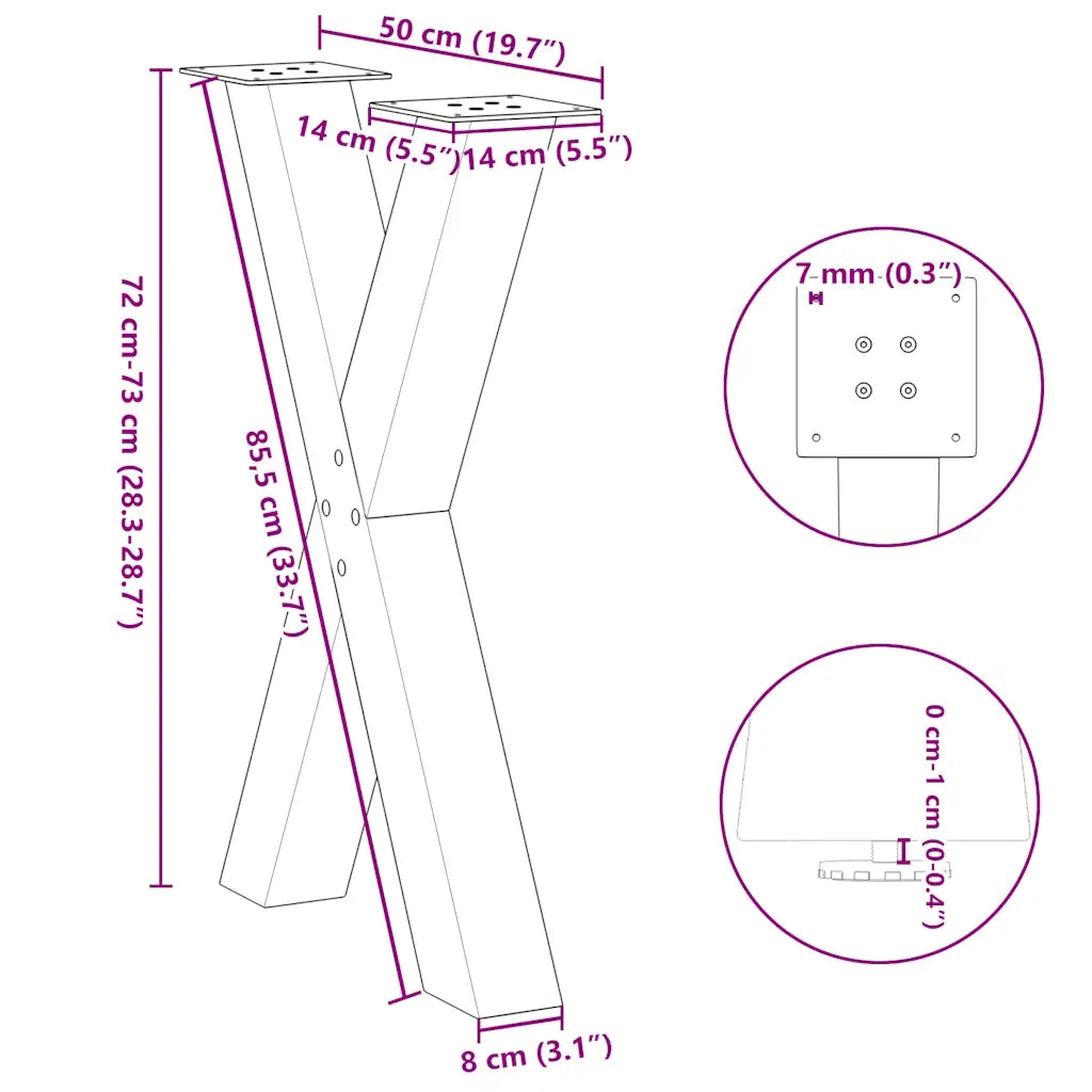 Gambe per tavolo da pranzo a forma di X 2 pz nere 50x(72-73) cm in acciaio