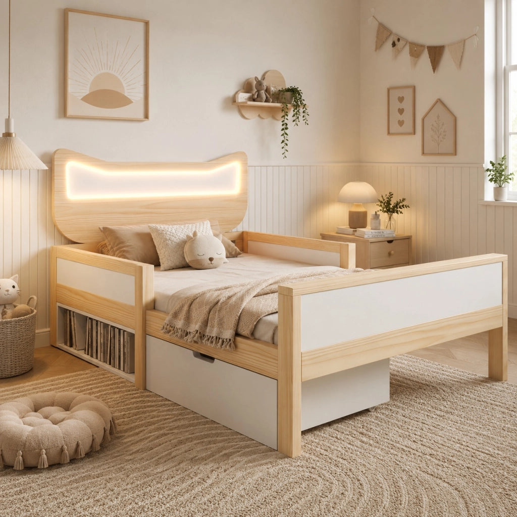 LETTO 90x200 cm con testiera gatto RGB LED, cassetto, legno bianco e rovere