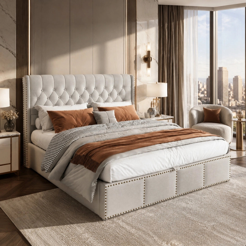 Letto imbottito in cotone-lino grigio 140x190 cm con contenitore, rete a doghe e design con rivetti
