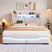 Letto contenitore matrimoniale 140×200 cm con USB Type-C; LED; rete sollevabile e vano portaoggetti; senza materasso; lino; beige