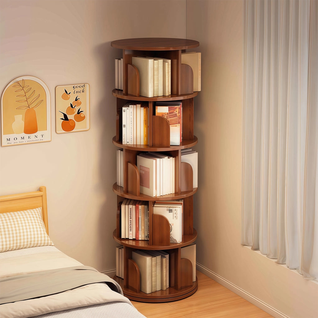 Libreria girevole a 5 livelli 360° salvaspazio, colore noce, in MDF