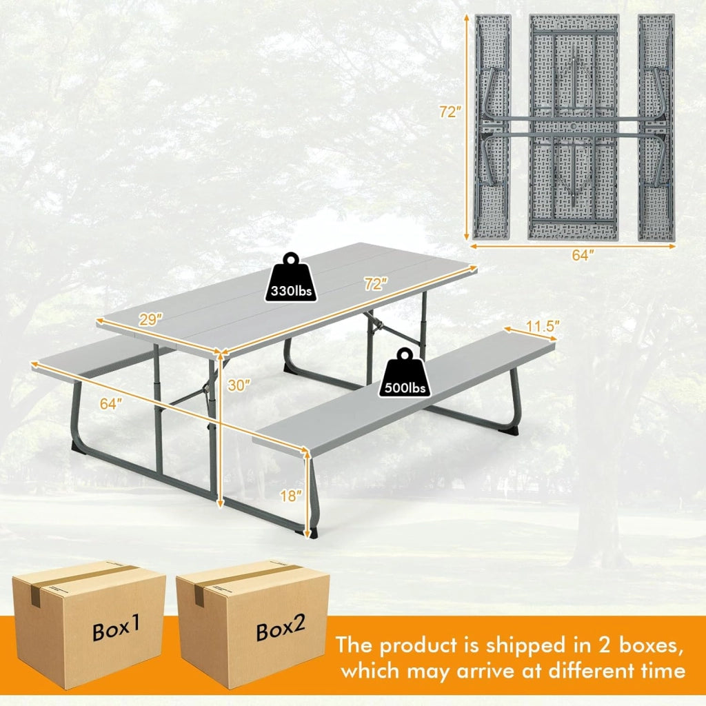 Set tavolo da picnic con panchine, set di mobili da giardino pieghevole per 8 persone con telaio in metallo piano in HDPE, 183 cm foro per ombrellone, grigio