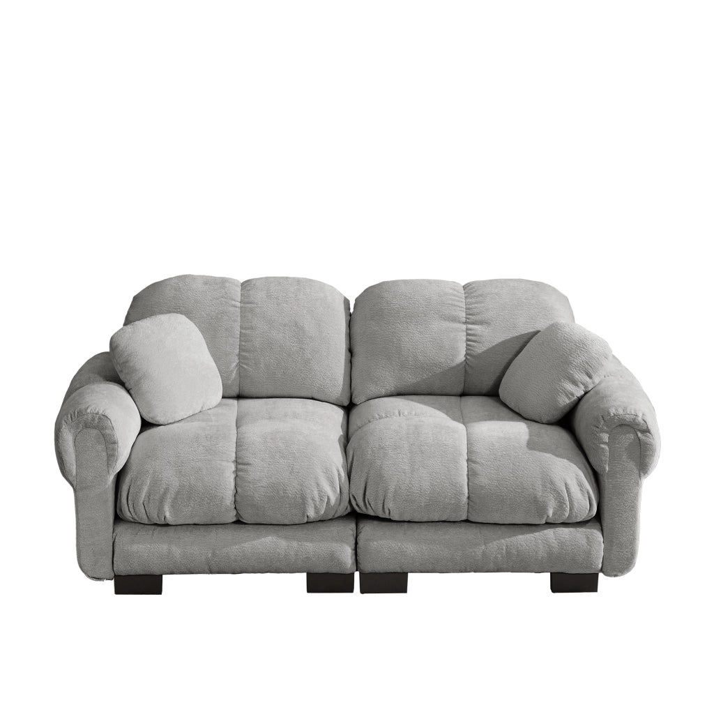 Divano modulare 2 posti con cuscini spessi schienale curvo e braccioli sagomati in chenille grigio chiaro