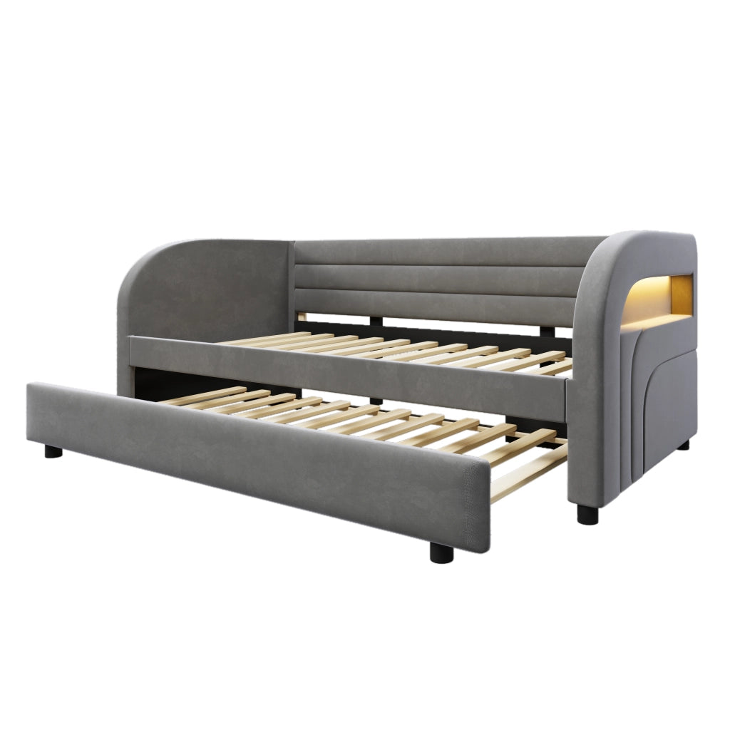 Letto Estraibile 90x200 cm; con LED Regolabile e Letto a Scomparsa; in Flanella; Grigio
