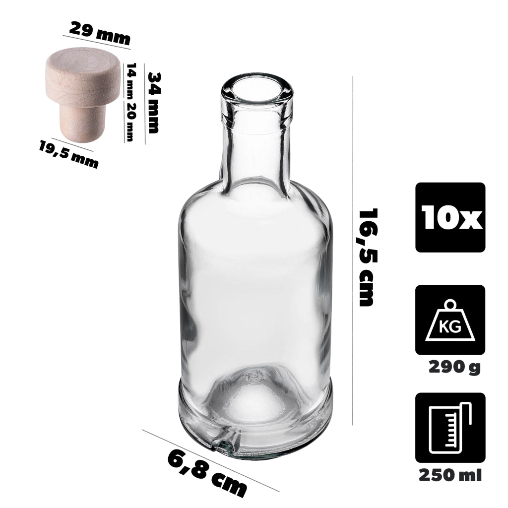 Bottiglie in vetro KADAX Tadek da 250 ml per vino, liquori, distillati, confezione da 10 pezzi con tappo di sughero