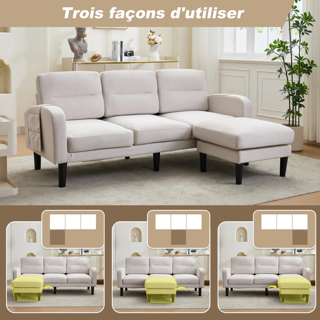 Divano Angolare a L 3 Posti con Penisola in Tessuto Beige 204x136x80cm