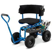 Sedile da giardino con cuscino imbottito schienale avvolgente e vassoio porta attrezzi, Sgabello per giardinaggio girevole a 360¡ã Blu