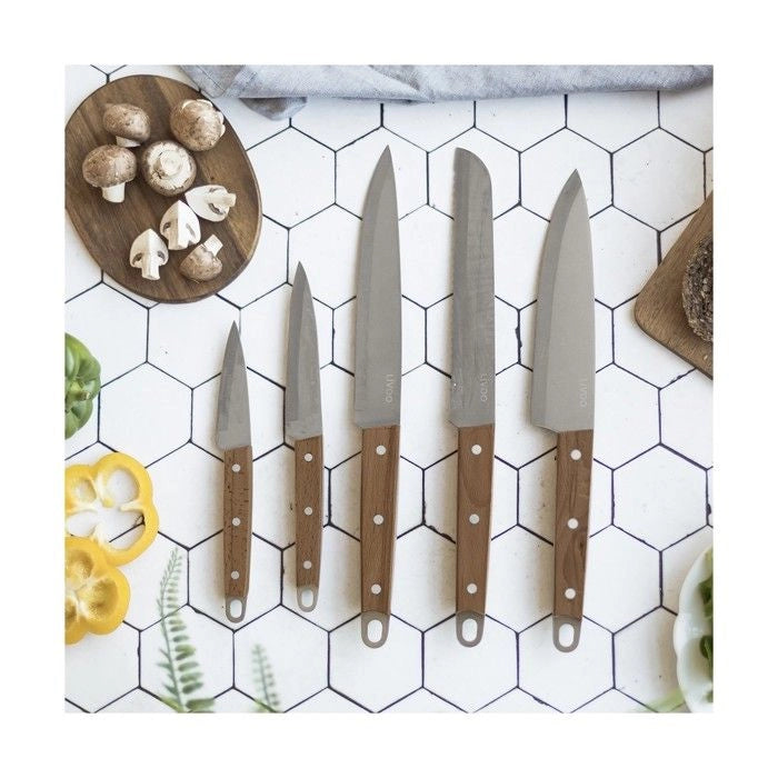 Set di 5 coltelli - LIVOO - MEC129 - Coltelli: chef, pane, cucina, affettare e sbucciare - Acciaio inossidabile - Manico in faggio