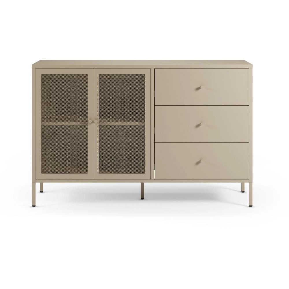 Credenza Fayna in metallo sabbia con 2 ante e 3 cassetti 140x40x90H Design industriale