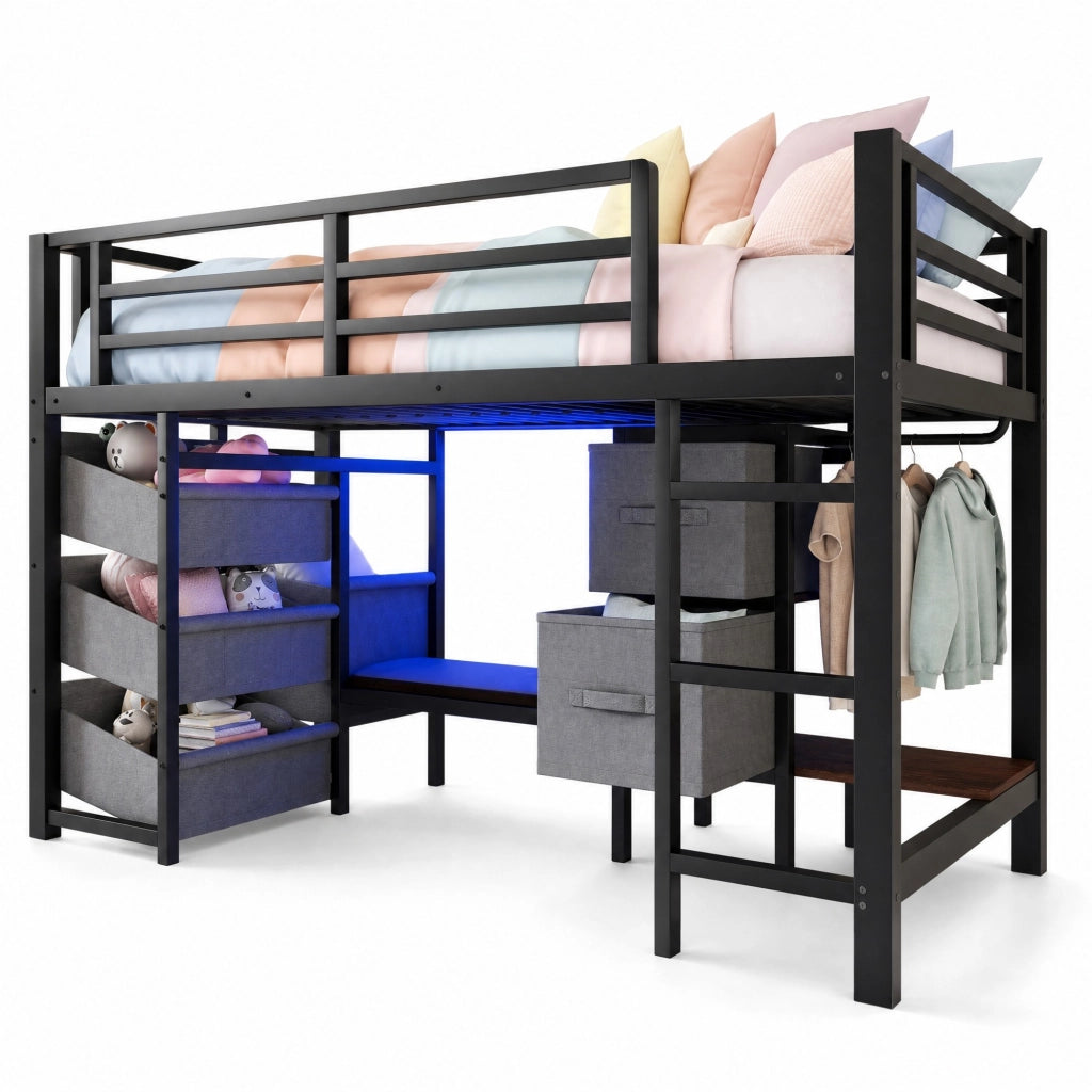 Letto semialto 90x200 cm in metallo nero con LED e contenitori