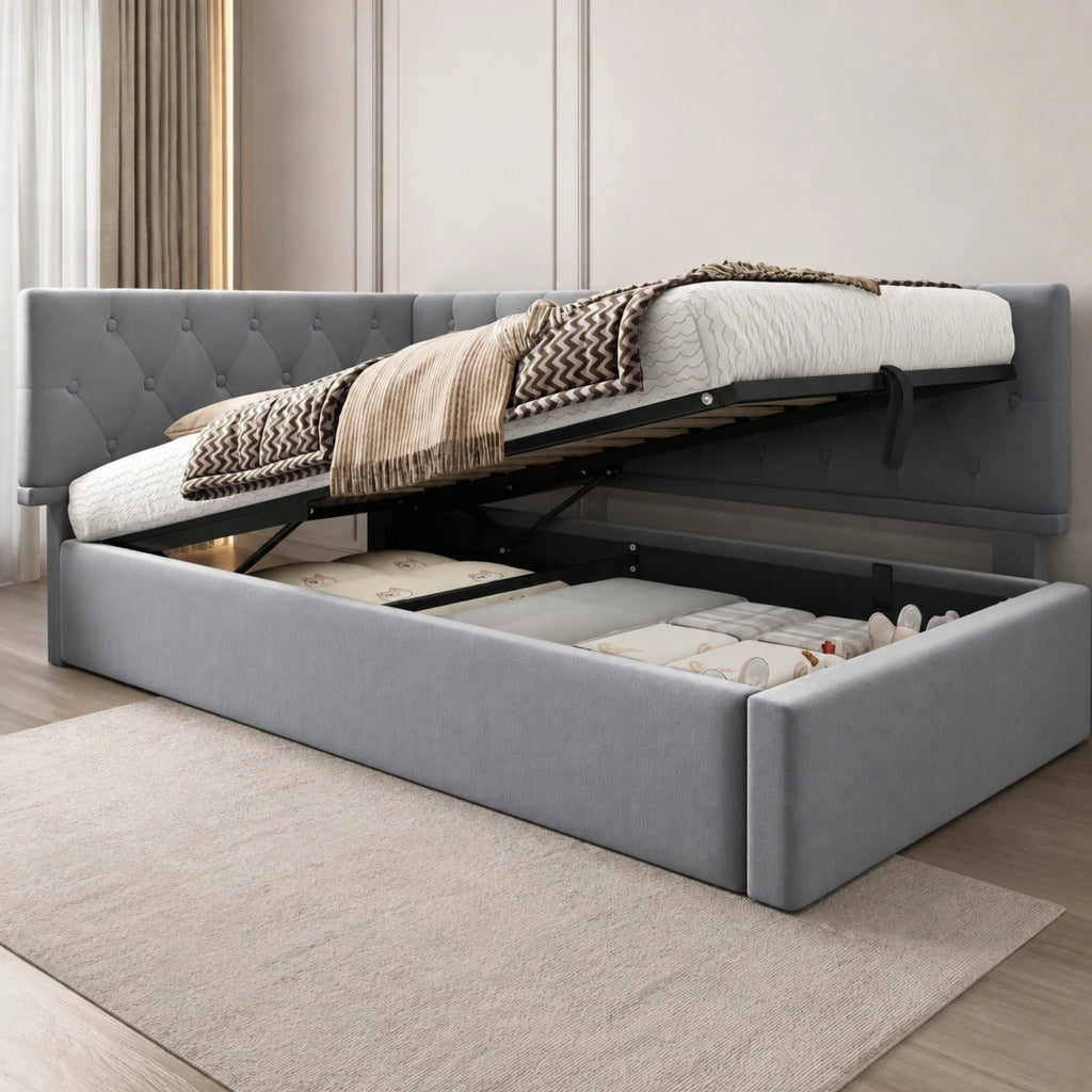 Letto singolo imbottito 90x190 cm in velluto grigio con contenitore