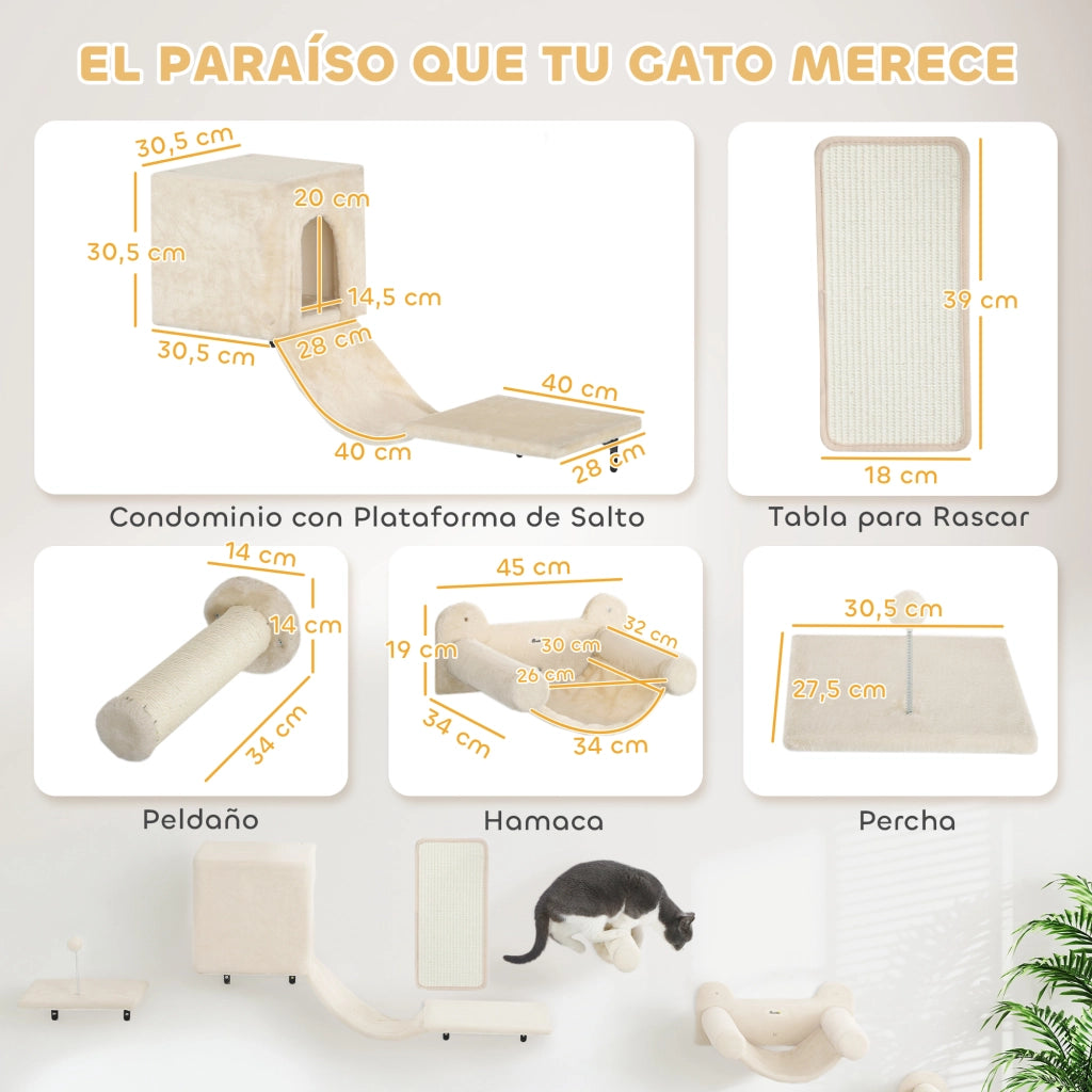 Gioco per Gatti da Parete con Piattaforma Amaca e Graffiatoio ¨C zephmum ¨C Beige