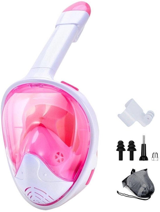 Snorkelmasker completo con supporto per fotocamera rimovibile per snorkeling e nuoto - Rosa e bianco - S/M