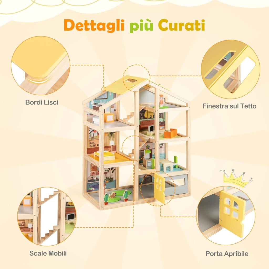 Casa delle Bambole in Legno, Casa Bambole con 4 Piani, 7 Stanze, Garage e Scale, Casetta Giocattolo Educativo con 18 Mobili Accessori e 3 Figure, per Bambini 3+ Anni, 60 x 30 x 75 cm