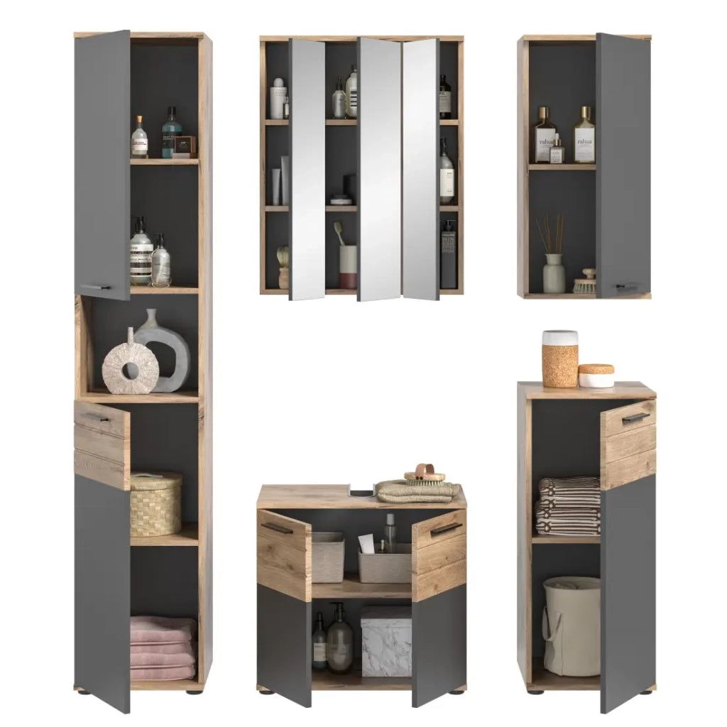 Set da bagno: Mobile sotto lavabo, colonna, mobiletto con specchio + 2 mezze colonne – Grigio antracite e