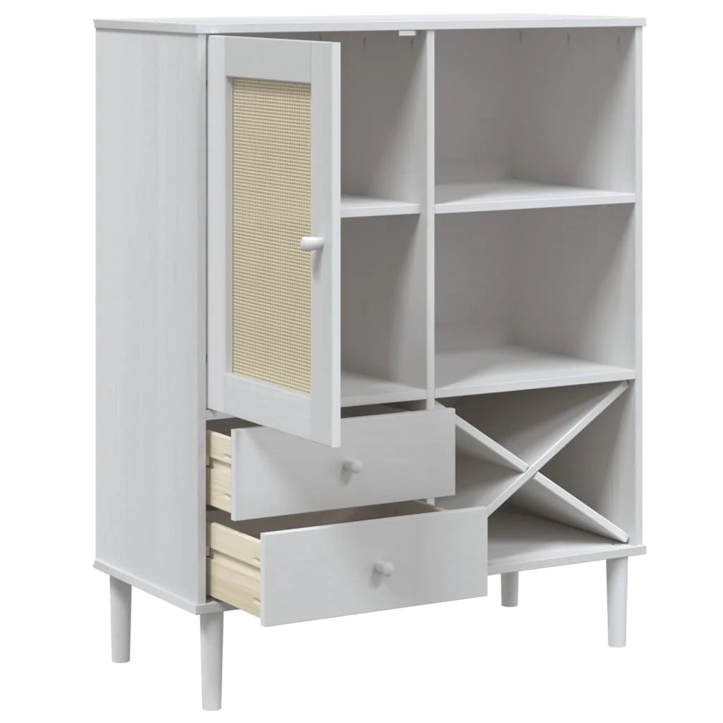 Buffet credenza cassettiera armadio mobile contenitore organizer per cucina soggiorno salotto effetto rattan 90 x 40 x 112 cm legno massello di pino bianco 02_0036228