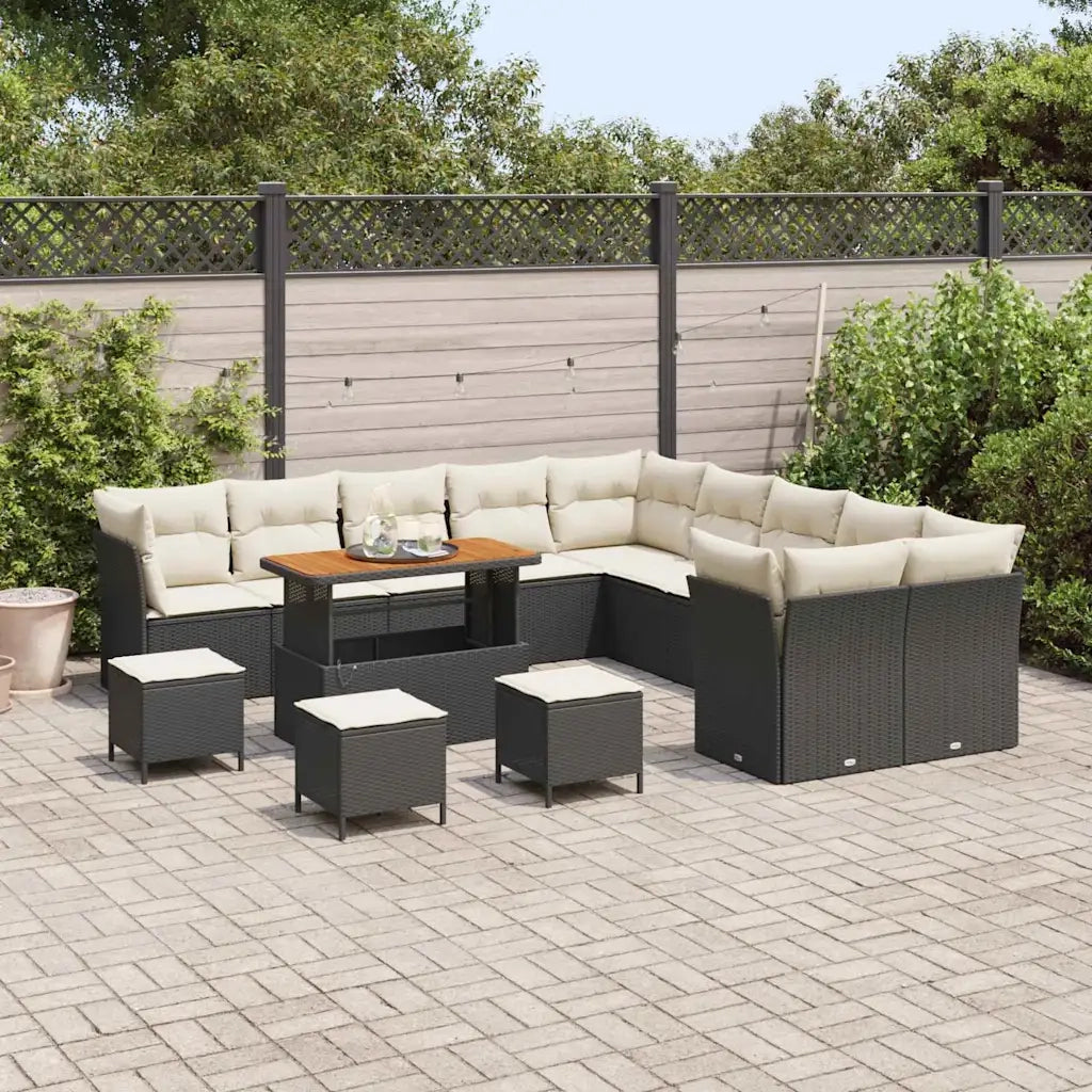 Set Divano da Giardino 14 pcs Nero e Crema polyrattan