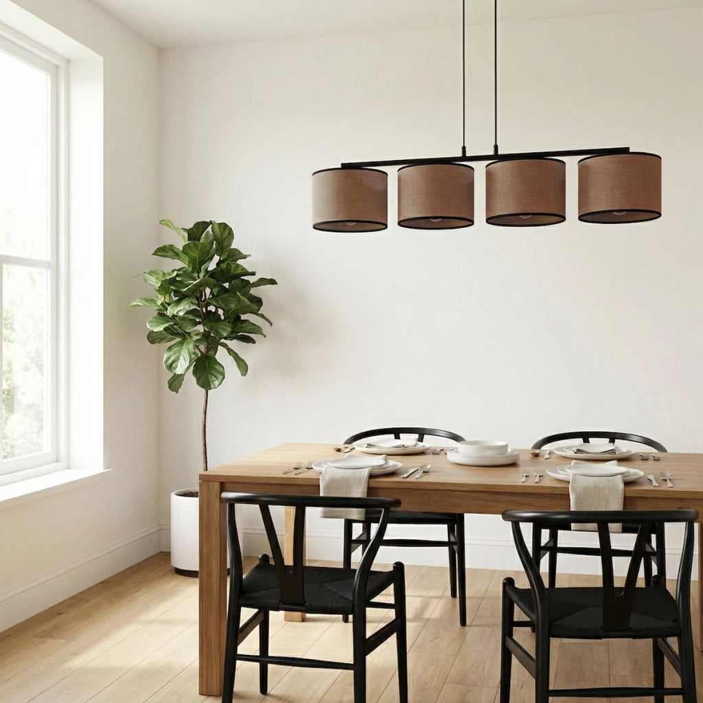 Lampada a sospensione ECO a 4 luci in acciaio nero e tessuto marrone