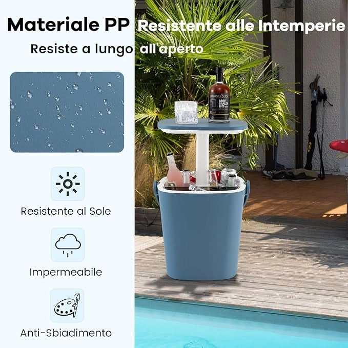Secchiello Ghiaccio 15 L, Cool Bar Portaghiaccio, 3 in 1 Tavolino da Tavolo Bar, con Maniglia, Apribottiglie e Coperchio Sollevabile, per Piscina, Cortile, Campeggio (Blu)