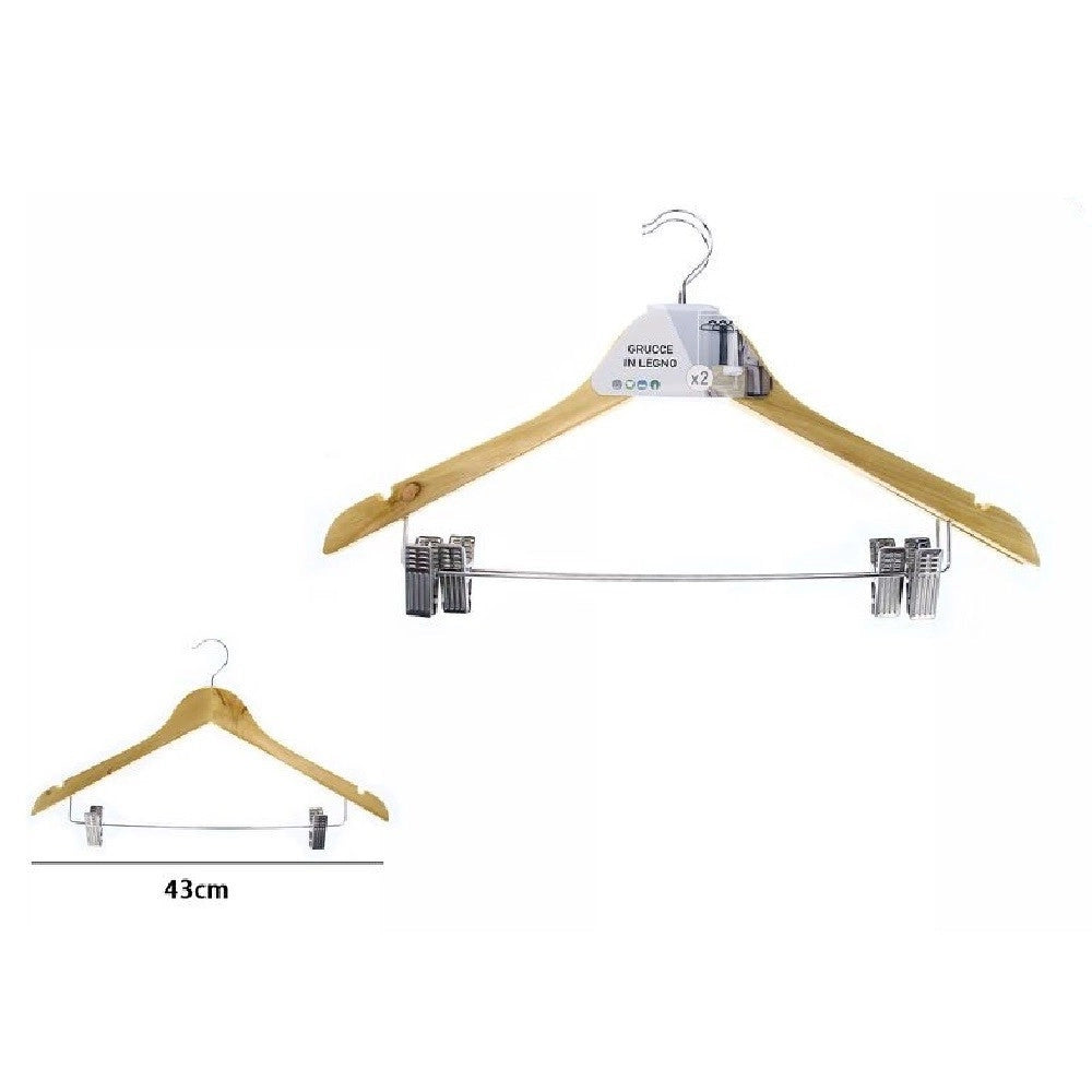 Trade Shop - Set 2 Grucce Stampelle Appendino In Legno Con Pinze Pantaloni Giacca Gonne 71361 -