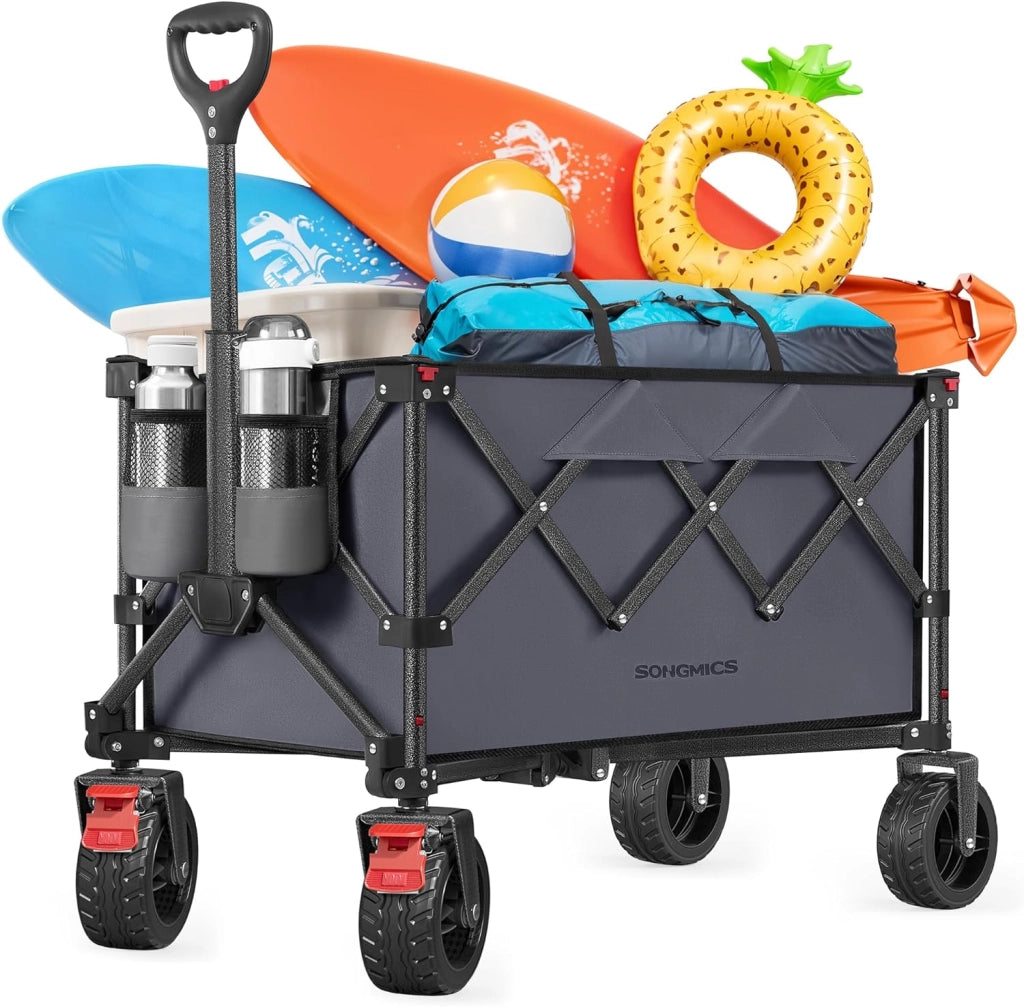 SONGMICS Carrello da Campeggio Pieghevole, Carretto, 150 L, Portante 150 kg, Carrello da Giardino, con Manico, 4 Ruote Rimovibili, Salvaspazio, per Esterni, Giardino, Nero Inchiostro GFW115B01
