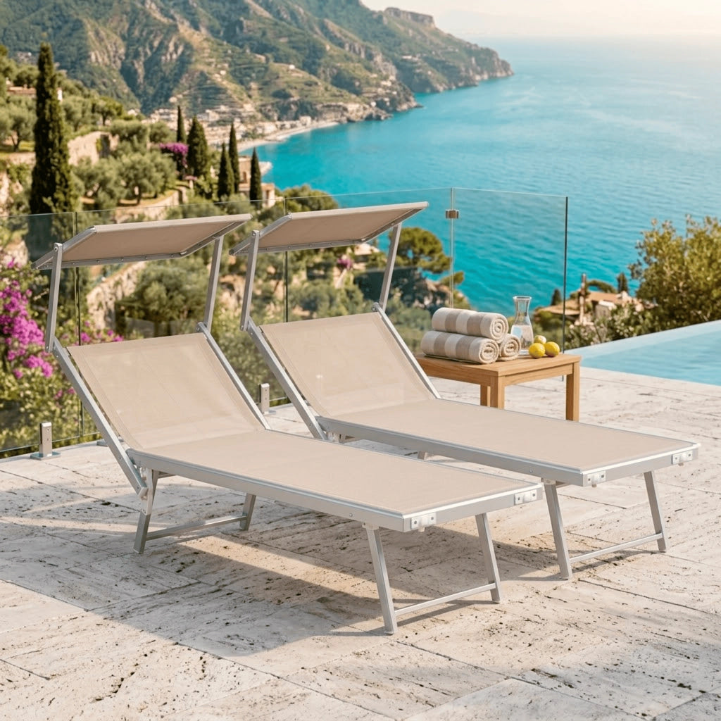 Set 2 Lettini Prendisole Pieghevoli Professionali In Alluminio Leggero Con Tettuccio Parasole Regolabile Sdraio Relax Mare Spiaggia Piscina Giardino Terrazza 182 x 60 x 38 Cm Beige