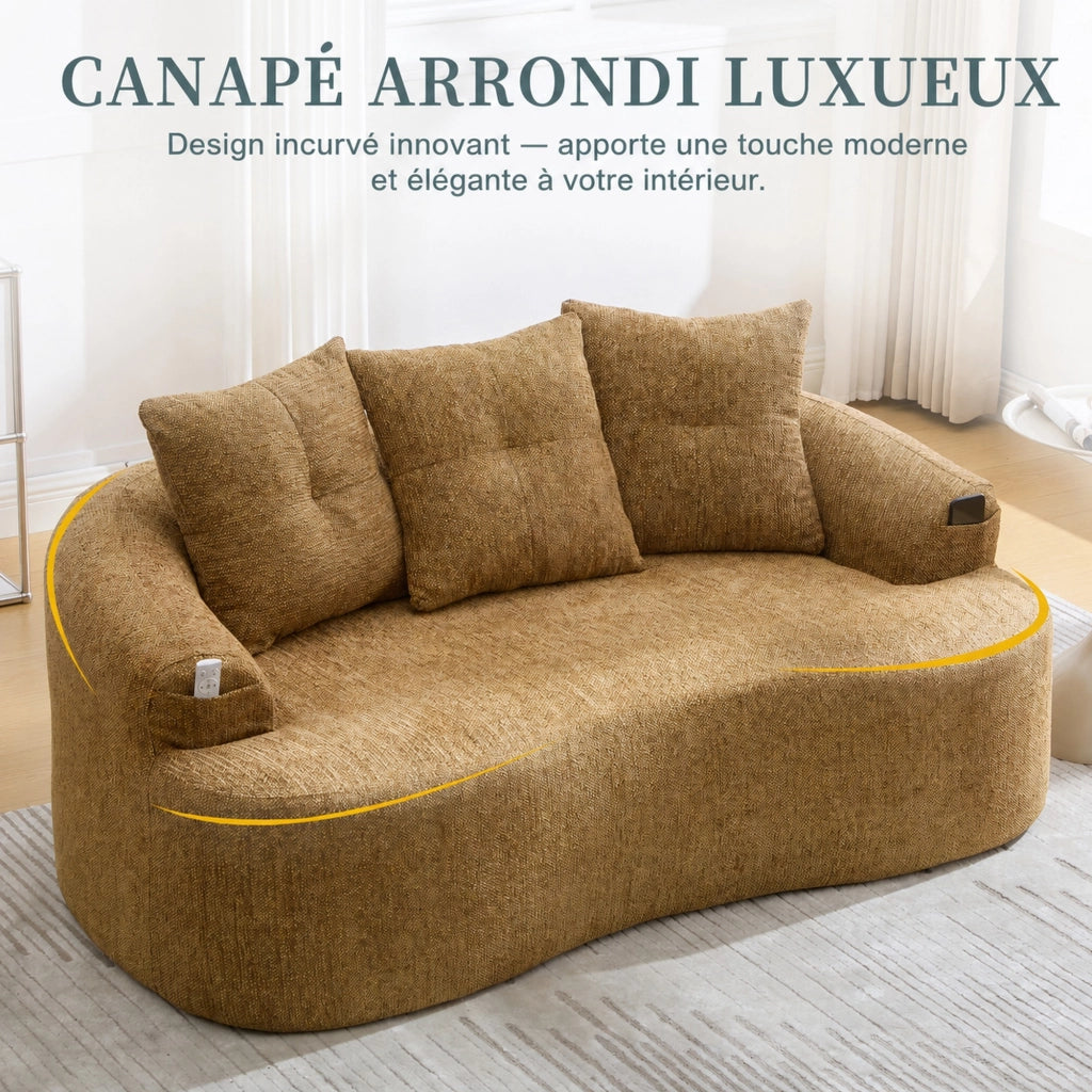 Divano a 2 posti in ciniglia con cuscini extra spessi e seduta profonda, senza montaggio, senape 164 × 92 × 60 cm