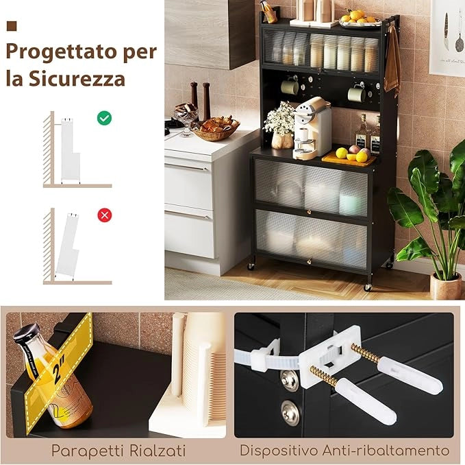 Credenza Alta per Cucina con 5 Ripiani e 3 Ante a Ribalta Traslucide, Mobile Cucina con Ruote e Panello a Ganci, Armadio Cucina Porta Microonde (80 x 40 x 160 cm,Nero)