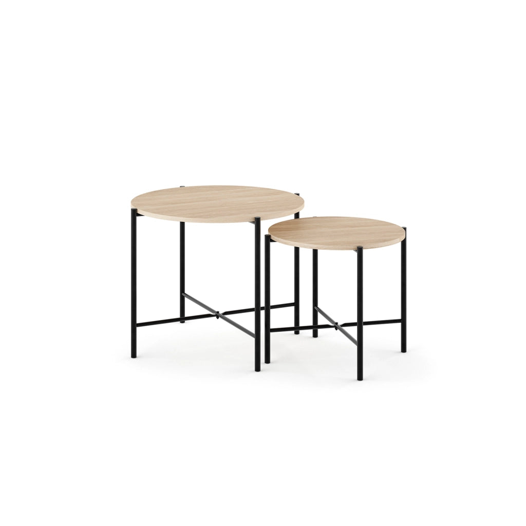 Set tavolini da salotto rotondi Hispanohogar finitura rovere acciaio nero 50x64x64