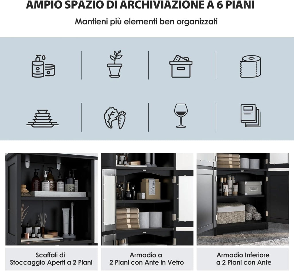 Armadio da Bagno, Mobiletto Alto da Terra con 2 Armadietti e Ripiani Regolabili, con Ante in Vetro, Mobile Portaoggetti Multiusi per Bagno e Soggiorno, 60x30x163 cm (Nero)