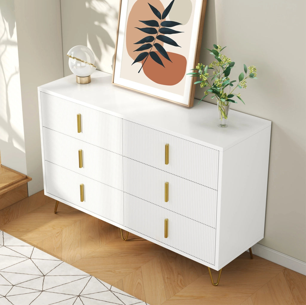 Credenza 120 x 40 x 77 cm con 6 cassetti; truciolare; bianco e oro