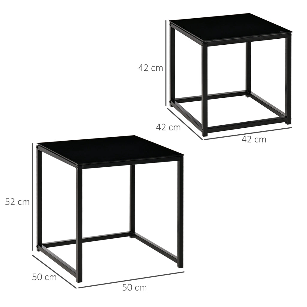 Set 2 Tavolini da Salotto Quadrati Moderni, in Acciaio e Vetro Temperato, Nero