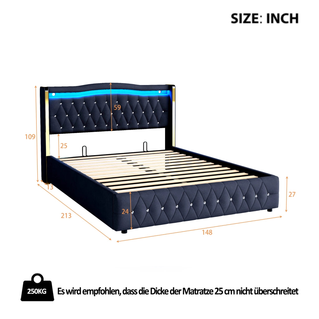 Letto contenitore 140 × 200 cm 2 posti con LED multicolore e vano idraulico, senza materasso, velluto nero