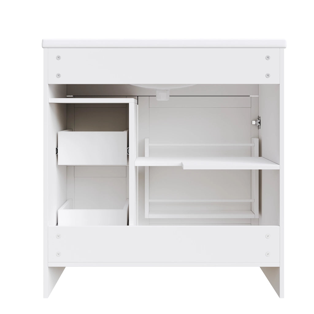Mobile da Bagno con Lavabo in Ceramica e Cassetti ¨C MINIMAL ¨C Bianco con Ripiani e Cerniere in Metallo