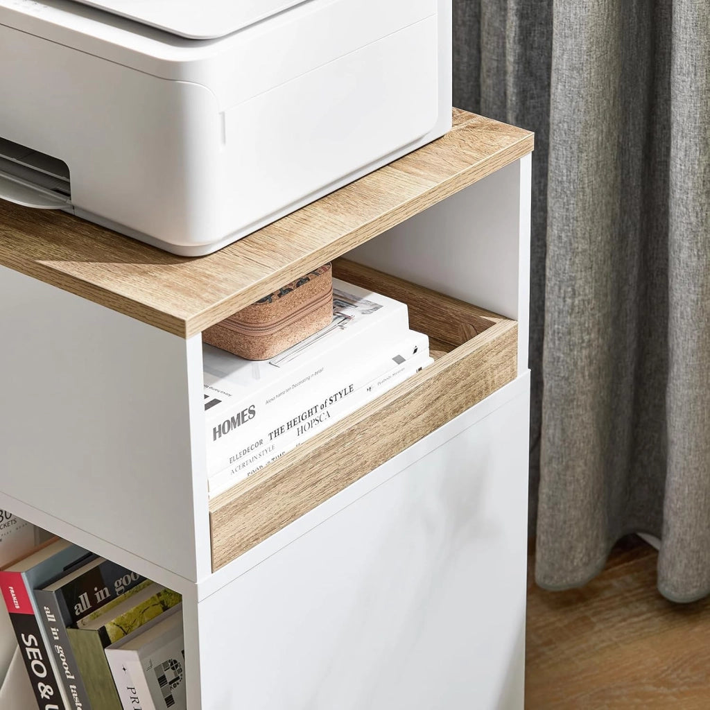 Cassettiera Scrivania con Ruote Cassettiera Ufficio con Scomparto Aperto e Cassetto Rimovibile Mobile Ufficio Porta Stampante Salvaspazio Bianco e Naturale 40x50x65cm ASK08-WN