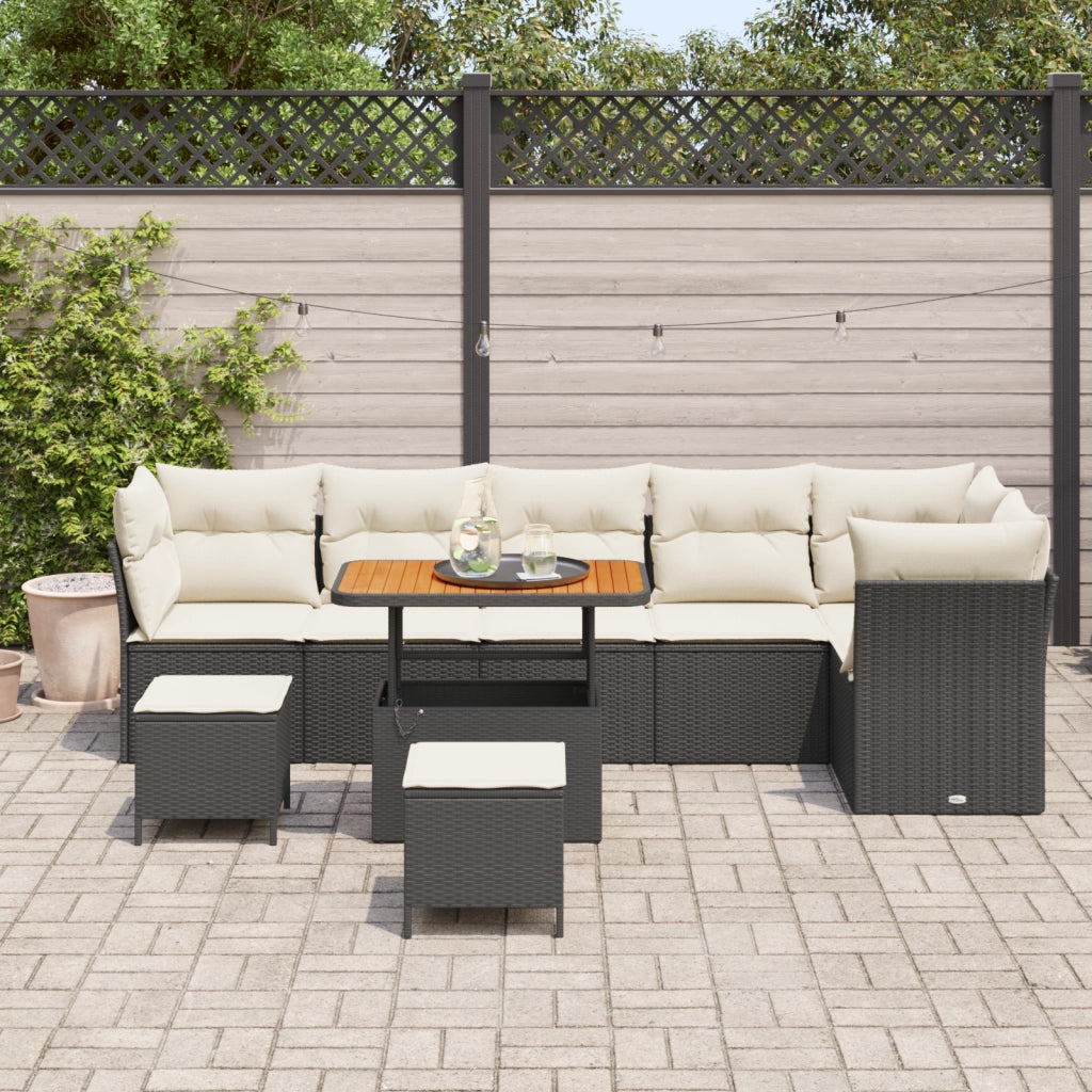 Set divani da giardino  da 9 pezzi con cuscini neri polyrattan