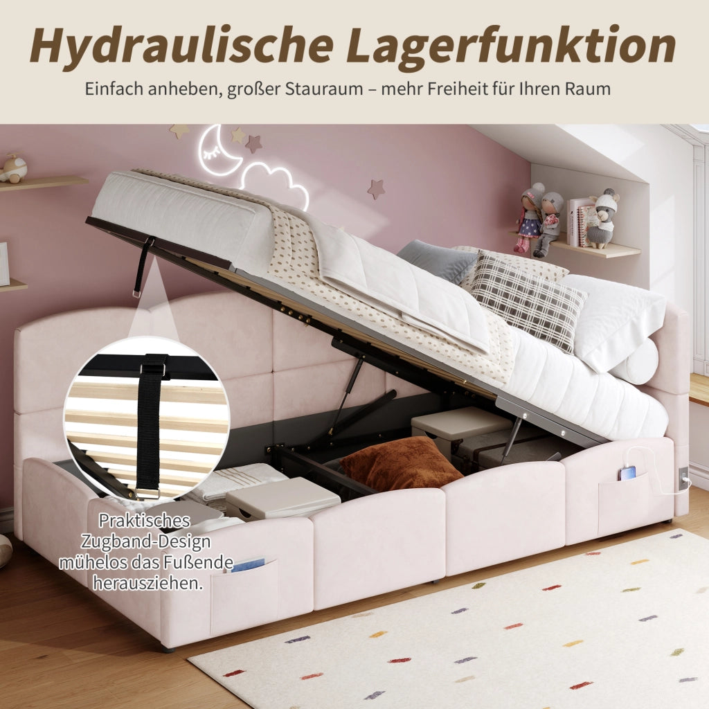 Letto singolo contenitore in velluto rosa 90 x 200 cm con USB