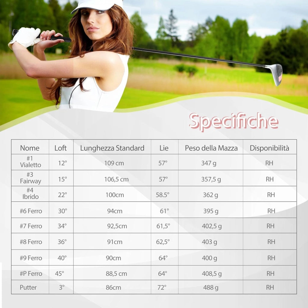 Set Completo di Mazze da Golf da Donna, 9 Pezzi, Include Driver in Lega, Legno Fairway 3, Ibrido 4, Ferri 6, 7, 8, 9 e P, Putter e Copri Testa per Golfiste Destre