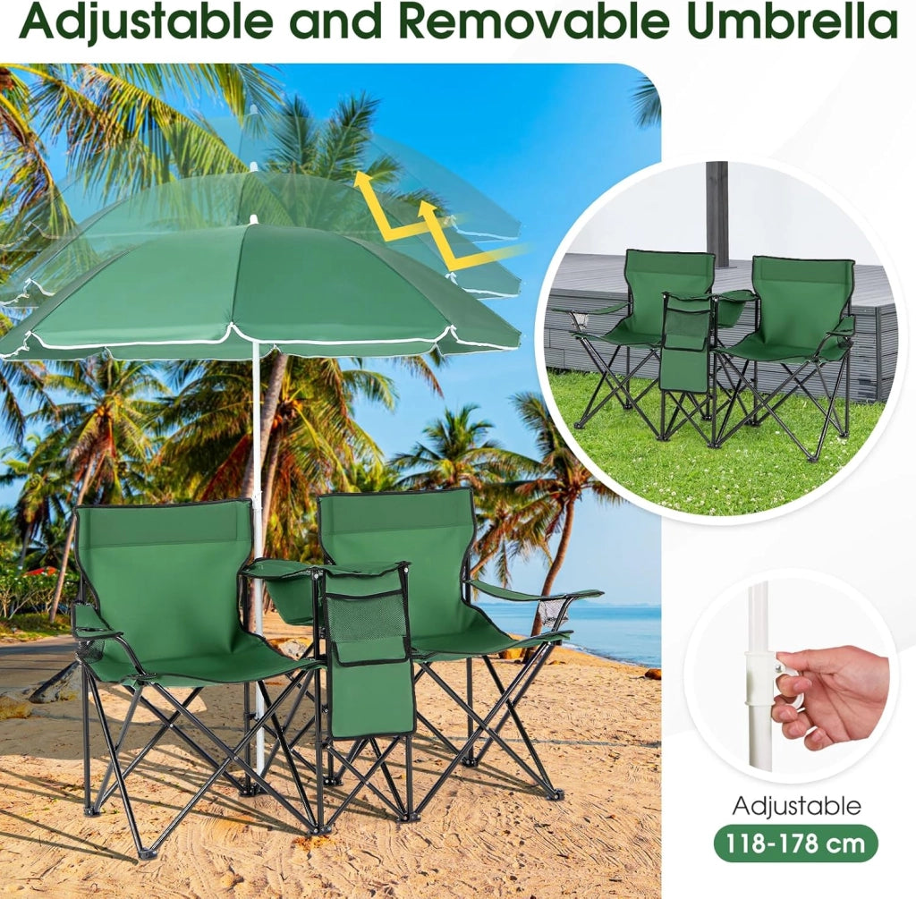 2 Sedie da Campeggio con Ombrellone, Pieghevole Doppia Sedia da Pesca con Portabicchieri e Borsa Frigo, Sedia Pieghevole per 2 Persone, 4 Colori (Verde)