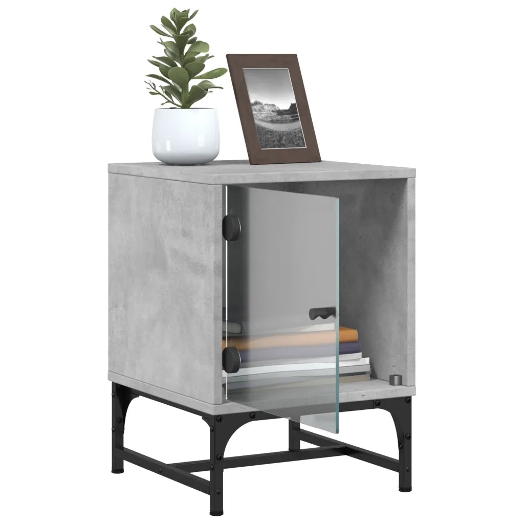 Set di 2 Comodini | Armadio da Notte | Mobiletto da notte con Ante in Vetro Grigio Cemento 35x37x50 cm