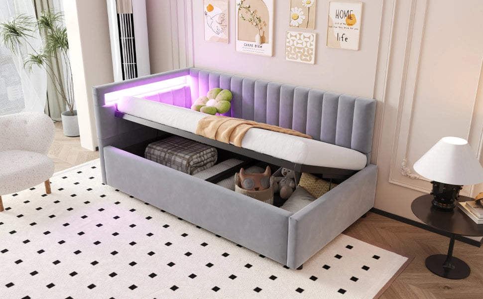 Divano letto imbottito in velluto con LED; contenitore idraulico e testiera reversibile; grigio chiaro; 90x200 cm; senza materasso