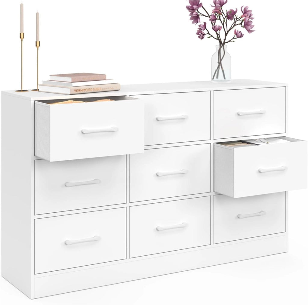 Cassettiera in tessuto a 9 cassetti UPPAH 113 cm mobile contenitore in legno bianco