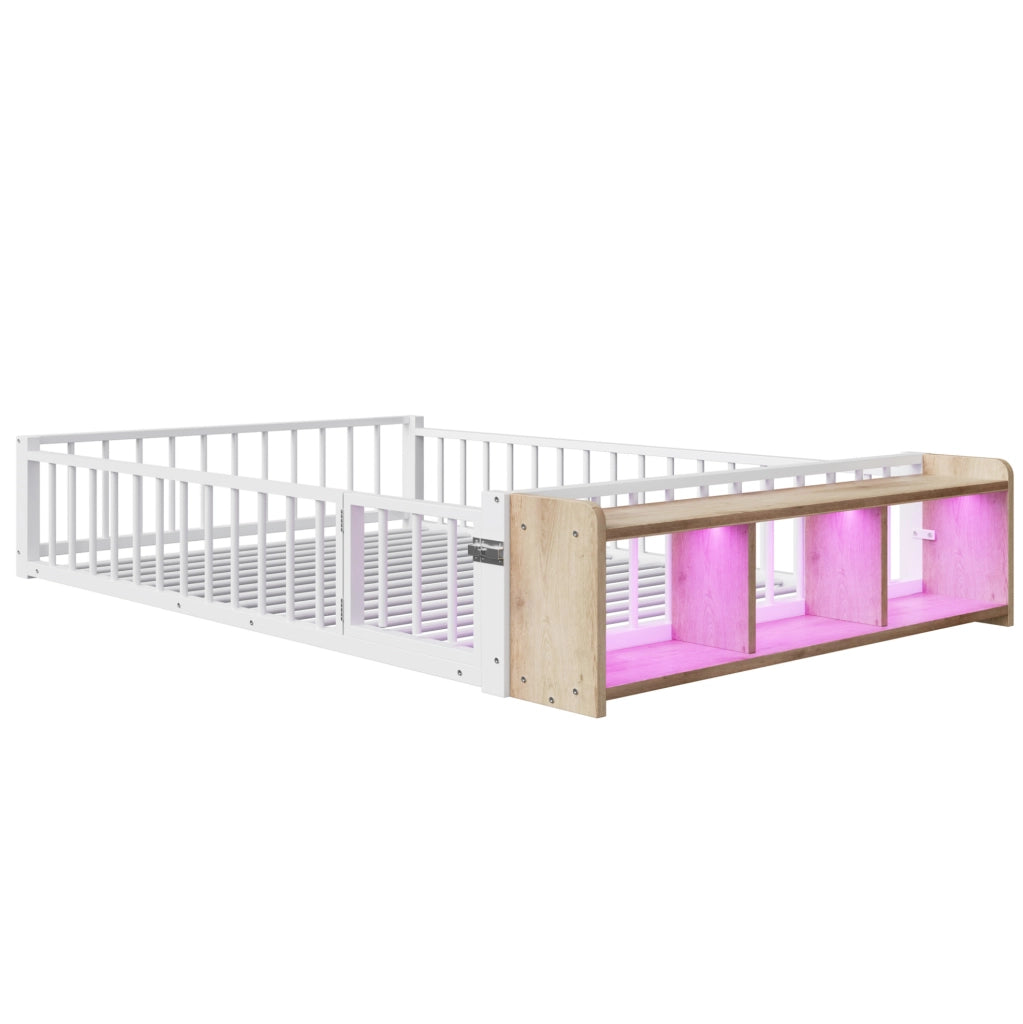 Letto 140x200 cm con sponde; vani portaoggetti e LED in MDF e metallo bianco