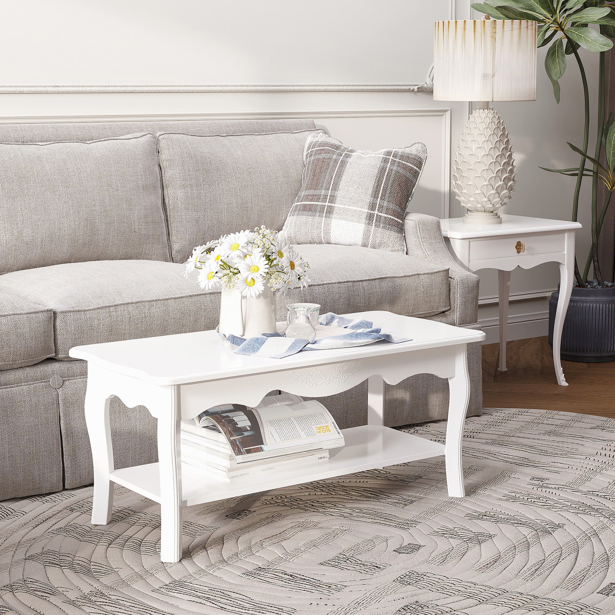 Tavolino da Caffè Basso in Legno Bianco 94x44x42 cm