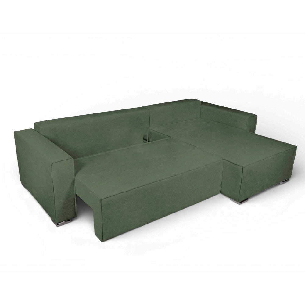 Divano Angolare Emily verde con Letto Easy Open, Contenitore e Penisola Reversibile – Comfort e Design per il Living